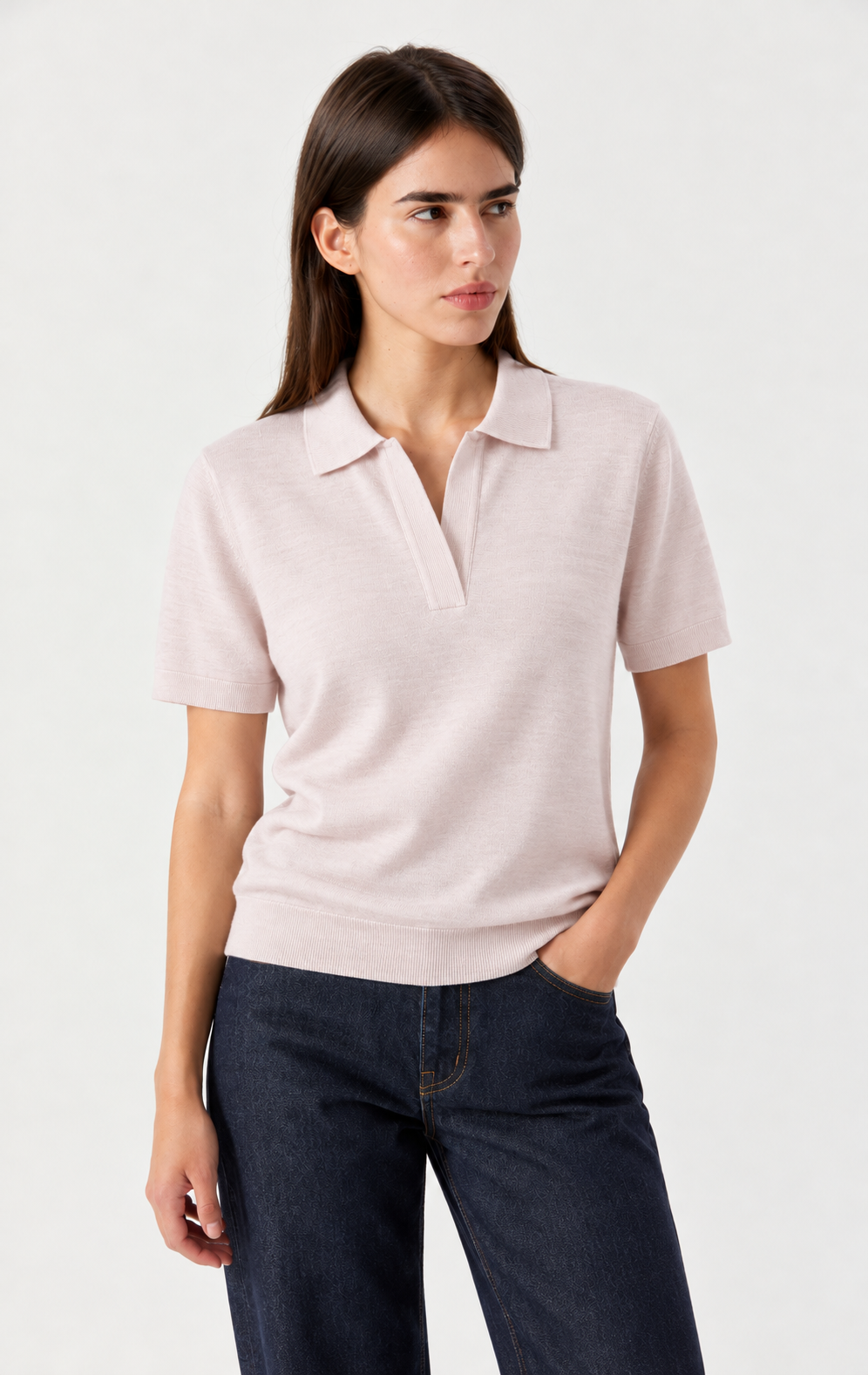 Pudra Extra Fine Merino Yünü Kısa Kollu Triko